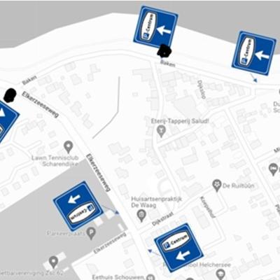 Plattegrond van Scharendijke met daarop aangegeven de plaatsen waar de borden komen.