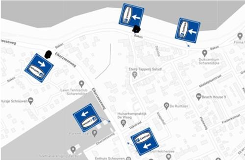 Plattegrond van Scharendijke met daarop aangegeven de plaatsen waar de borden komen.